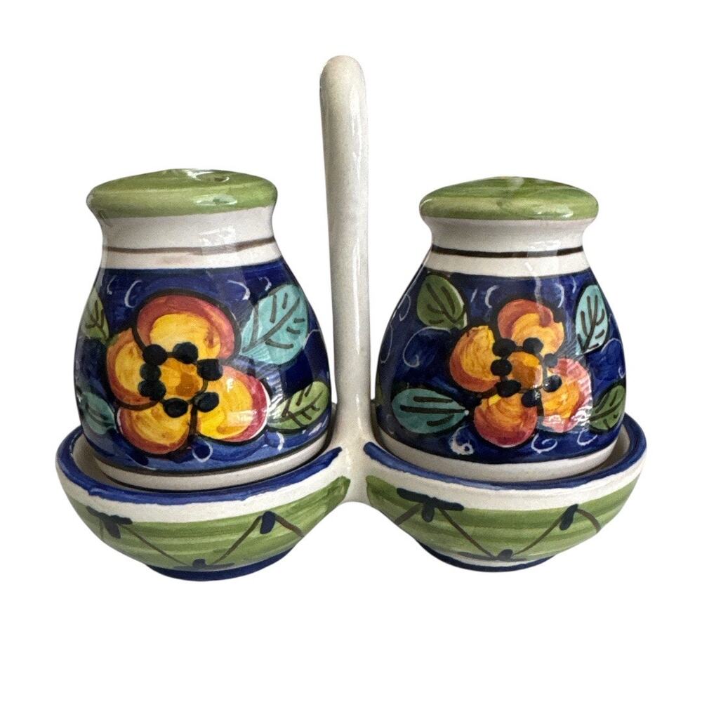 Deruta Italian Salt and Pepper Shakers Caddy Set Flowers and Fruit